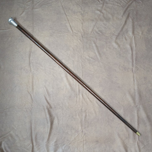 1901 British antique gentleman's walking stick, pure silver, engraved pattern, round handle, 89cm